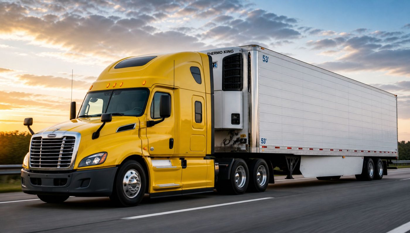 Yellow semi truck pulling a 53ft Thermo King reefer trailer on the highway at sunset
